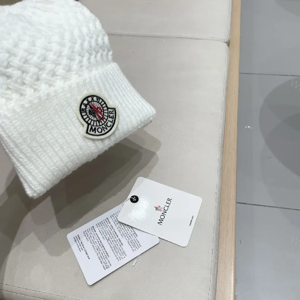 View 2 of White Knit Beanie with Premium Comfort Knit Style and Moncler Patch