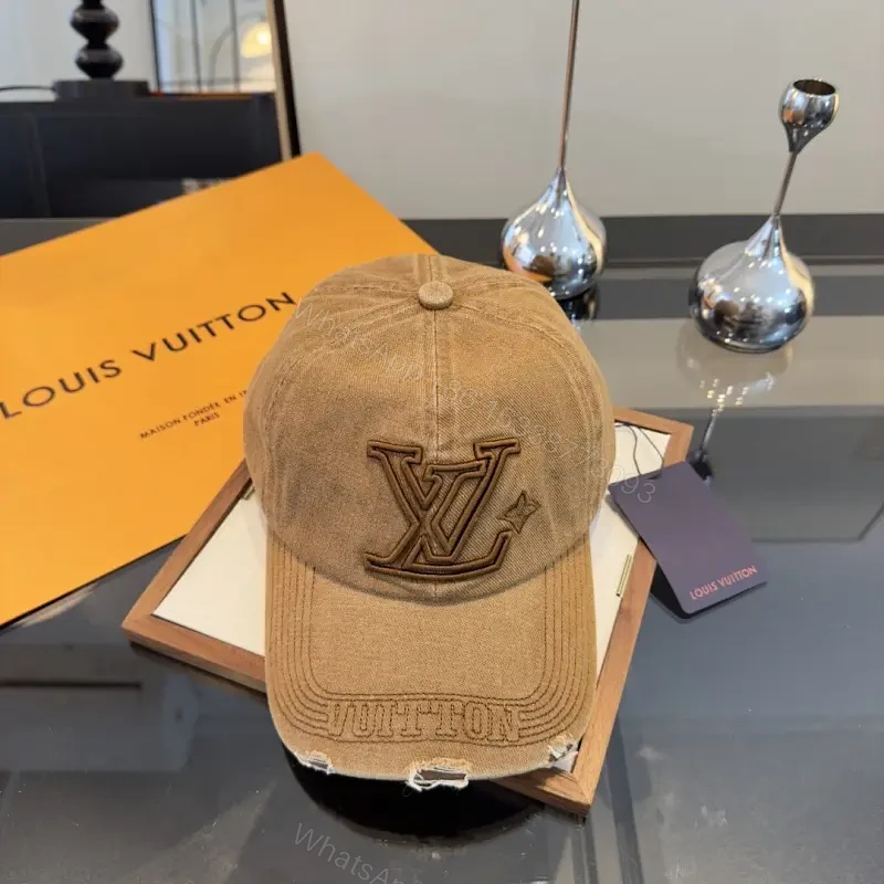 Casual Luxe Cap: Distressed Tan Cotton with LV Logo — view 1