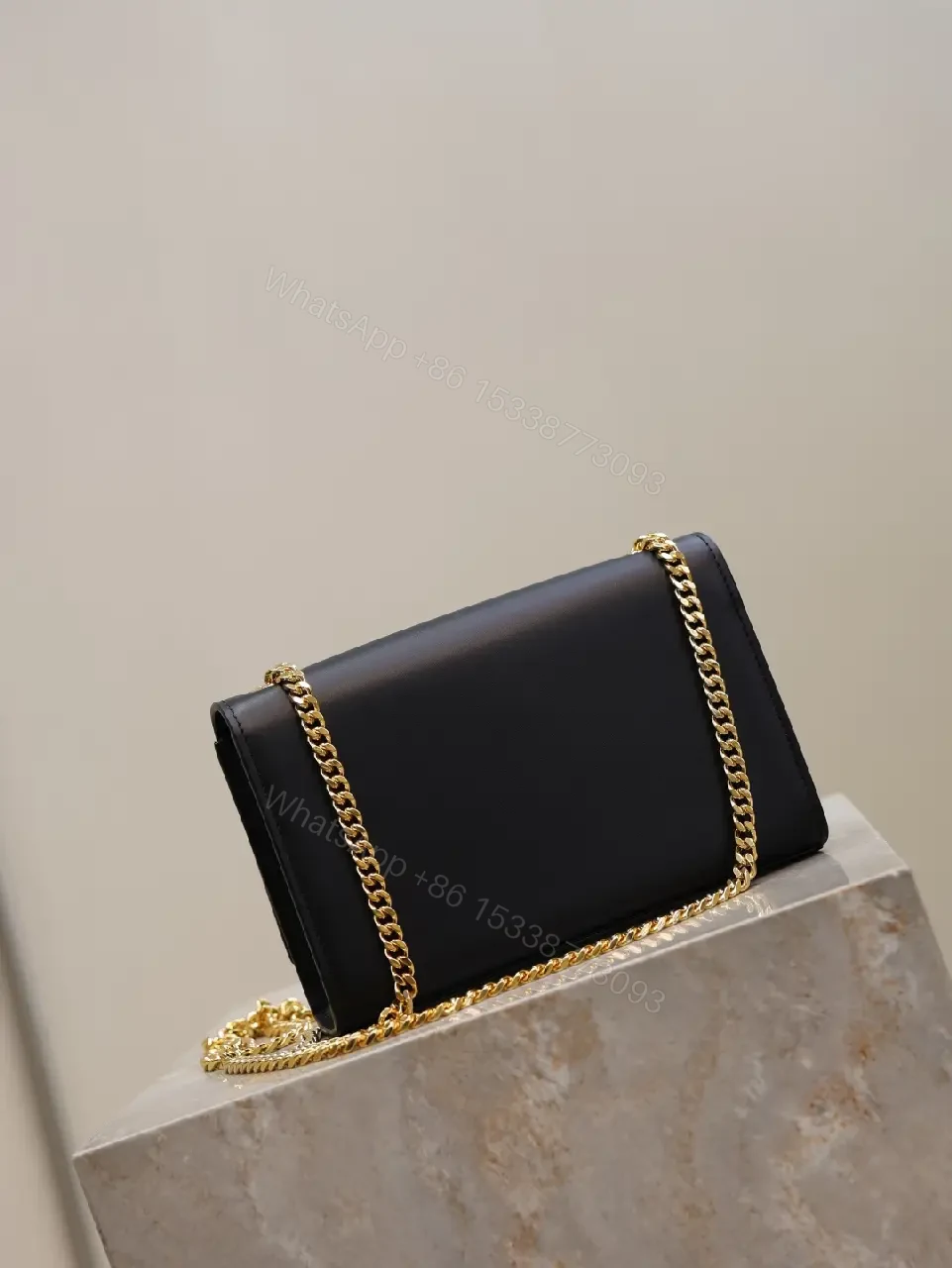 View 8 of Black Leather Bag with Gold YSL-Inspired Logo, Compact, Everyday Glam