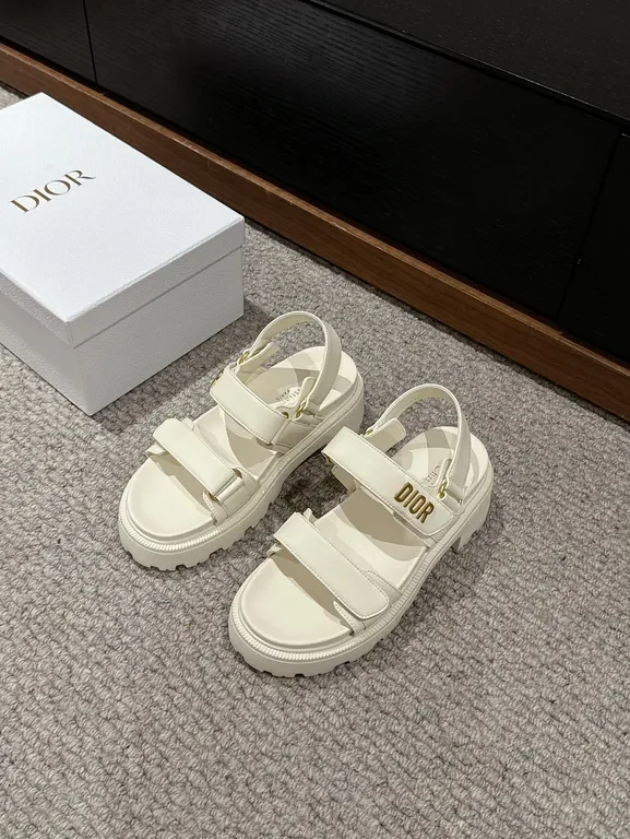 Chunky White Leather Sandals with Gold Branding, Dior-Inspired — view 1