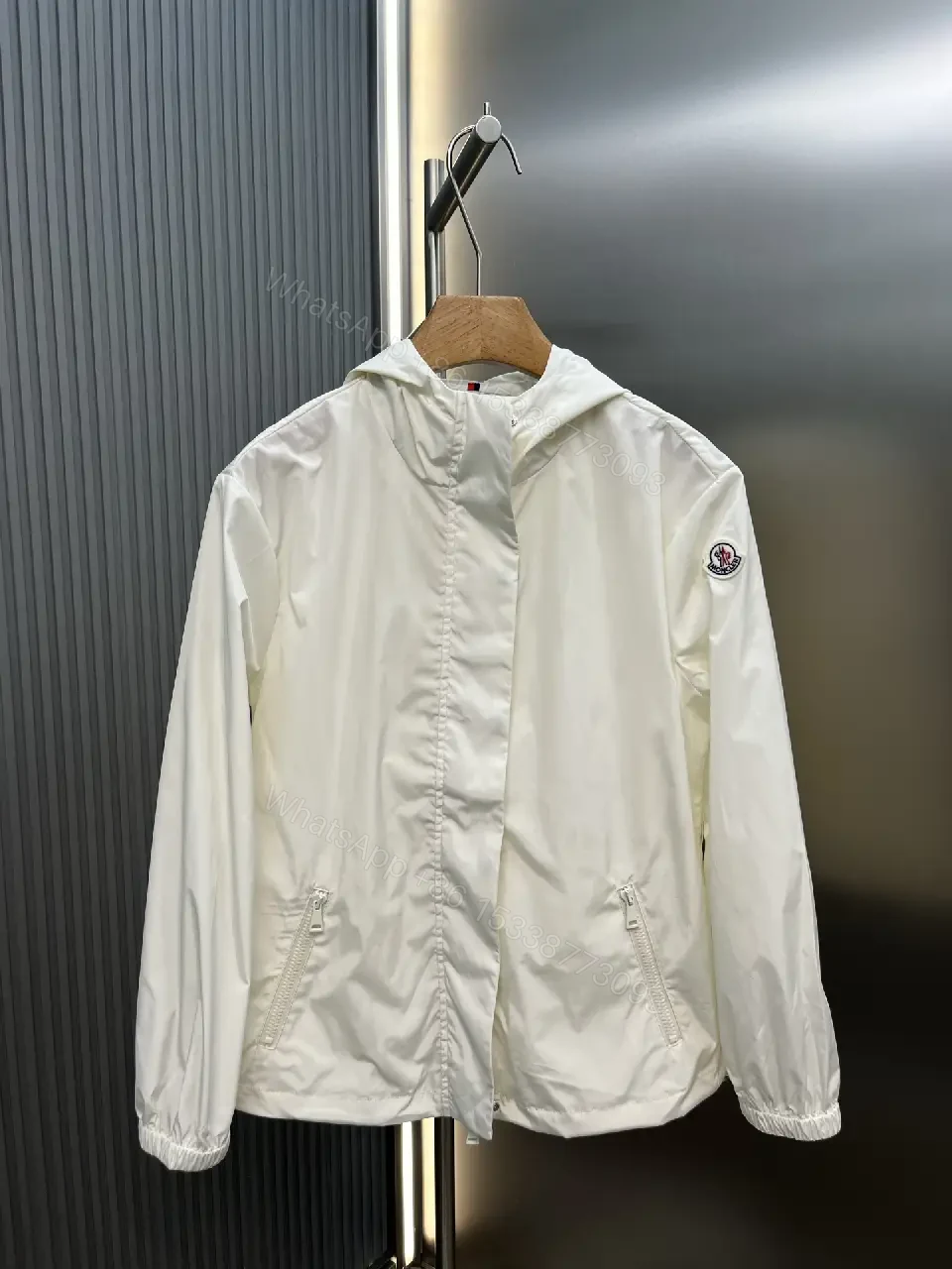View 8 of Off-White Cream Lightweight Hooded Windbreaker with Zipper Front