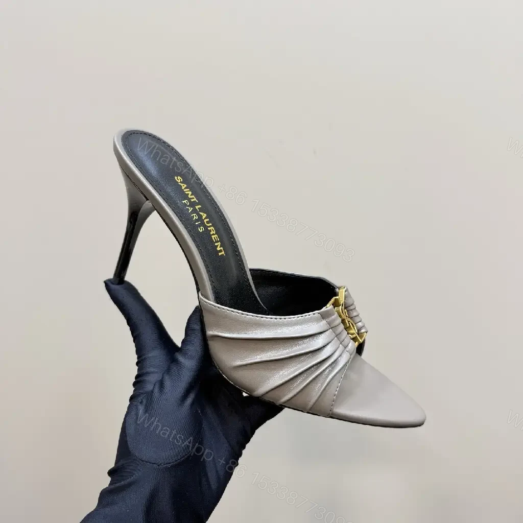 View 8 of Taupe Leather Pleated Mules: Slim Stiletto Comfort