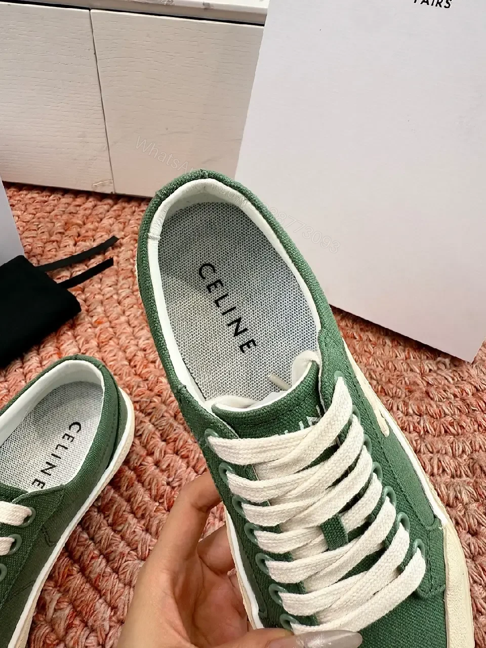 View 2 of Green Canvas Sneakers with Off-White Rubber Sole
