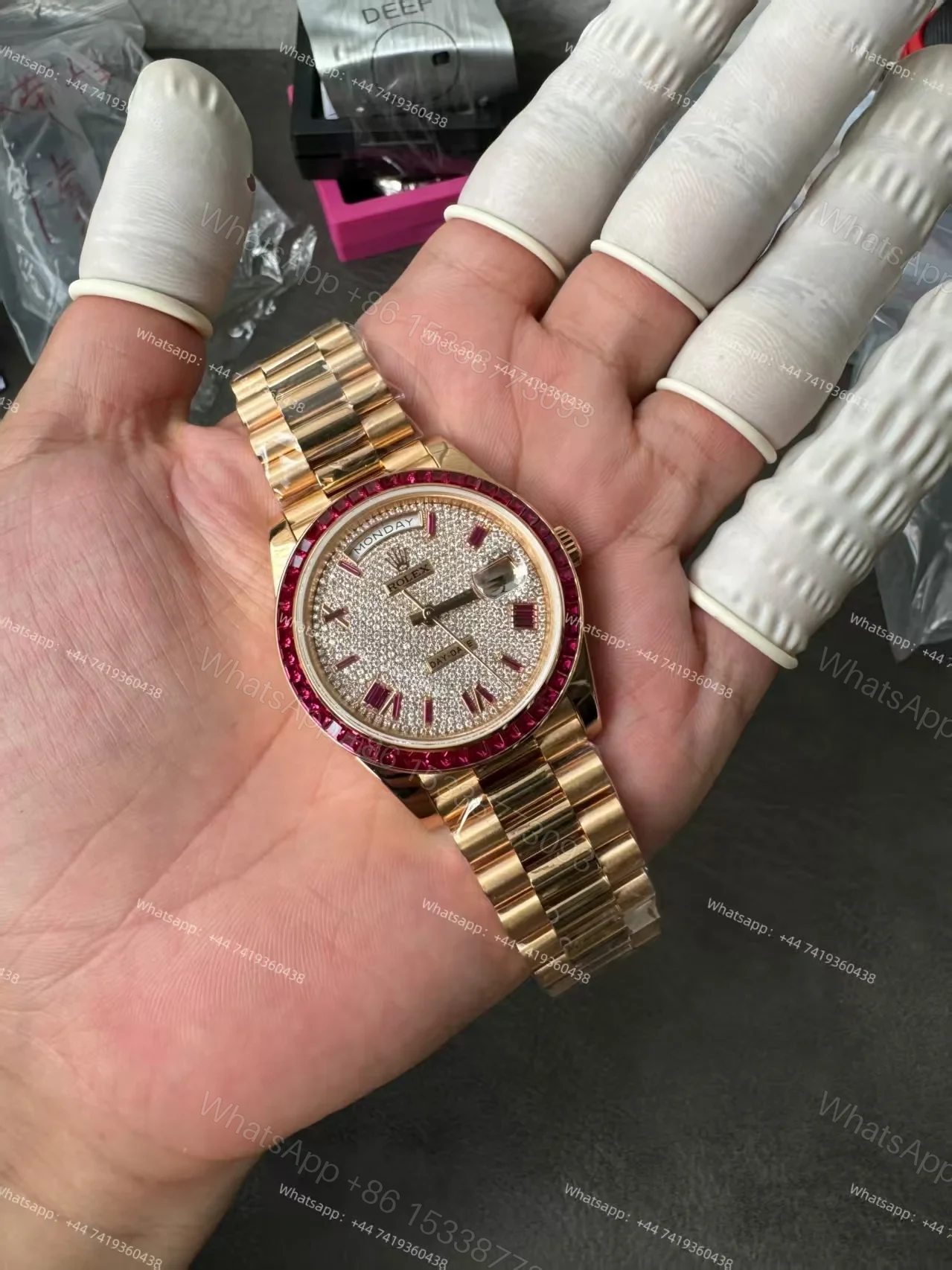View 22 of Rolex Day-Date 228398TRU 1:1 Custom Edition Ruby & Moissanite Diamond Dial and Bezel 40MM 3255 Movement Super Clone Watch
