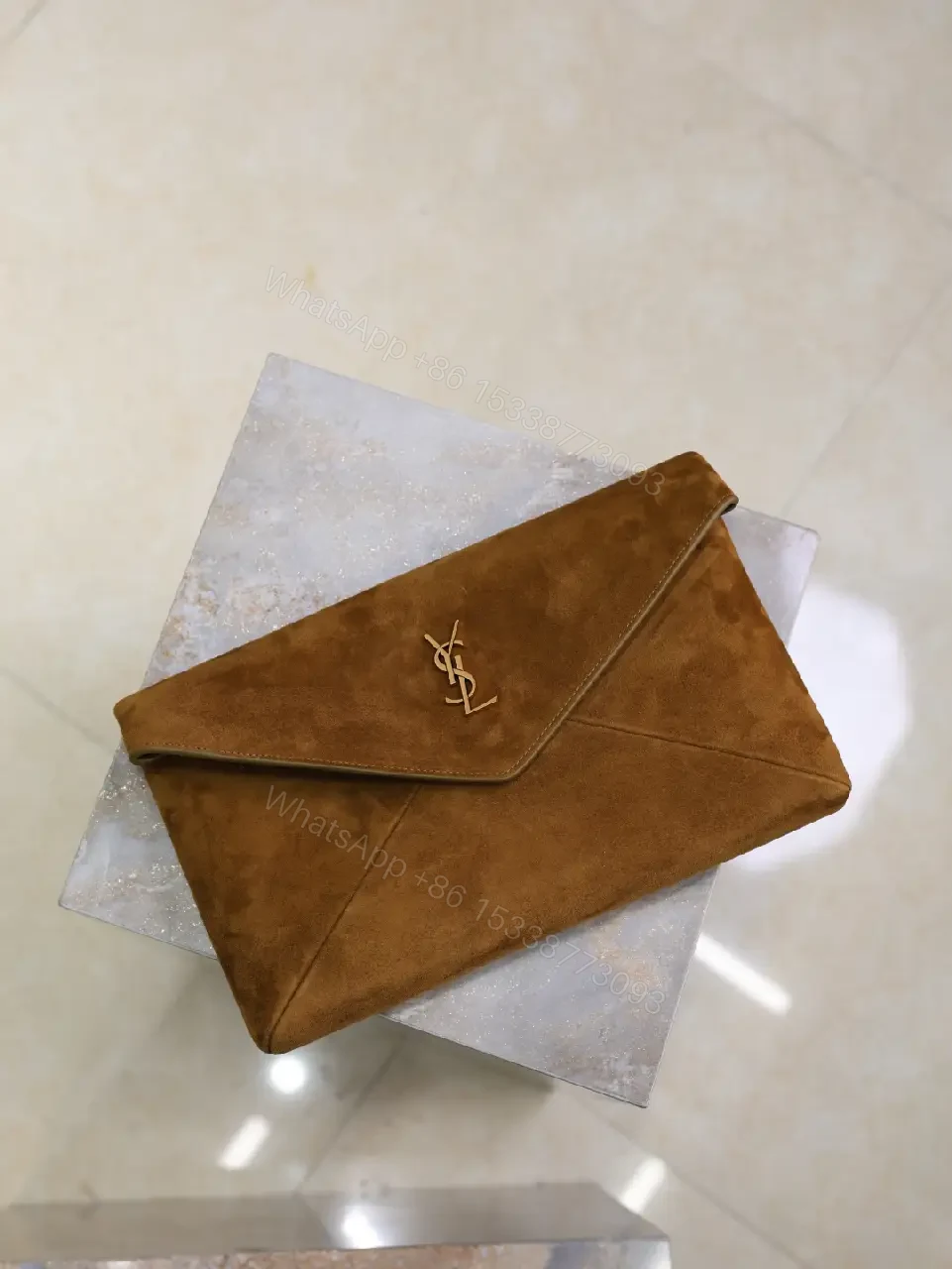 View 4 of Chocolate Suede Envelope Clutch with Gold Hardware