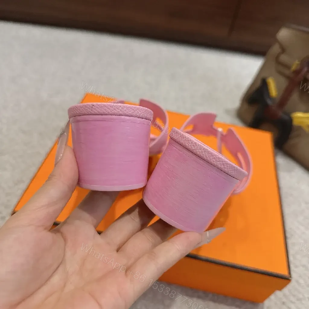 View 5 of Pink Leather Hermès-Style Slide Sandals with H-Logo Strap