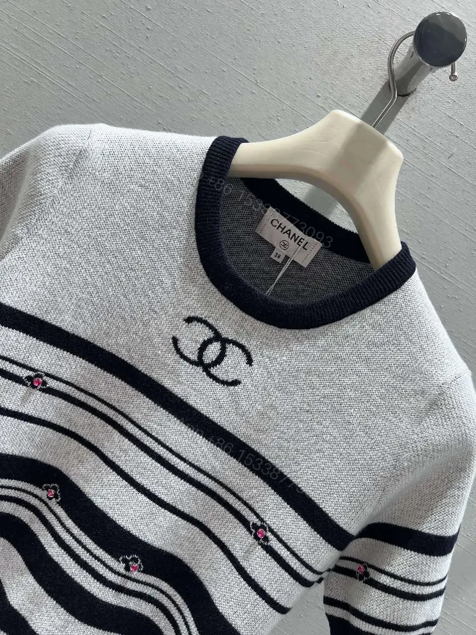 View 4 of Chanel-Influenced Striped Knit Top with Subtle Embellishments