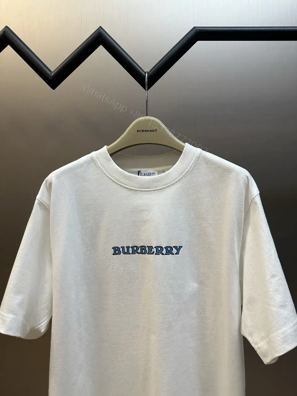 View 5 of White Plain Knit Cotton Oversized T-shirt Burberry Logo Chest T-shirt
