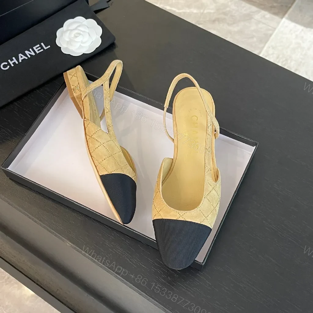 View 9 of Quilted Slingback Pumps: Tan & Navy Cap Toe, Heeled Comfort