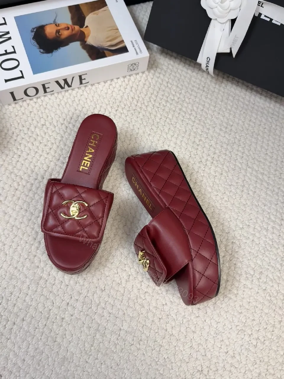 View 8 of Burgundy Quilted Slides with Gold Hardware, Luxury Comfort
