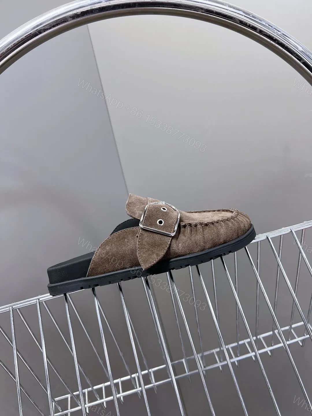 View 2 of Hermes Women Brown Suede Buckle Mules