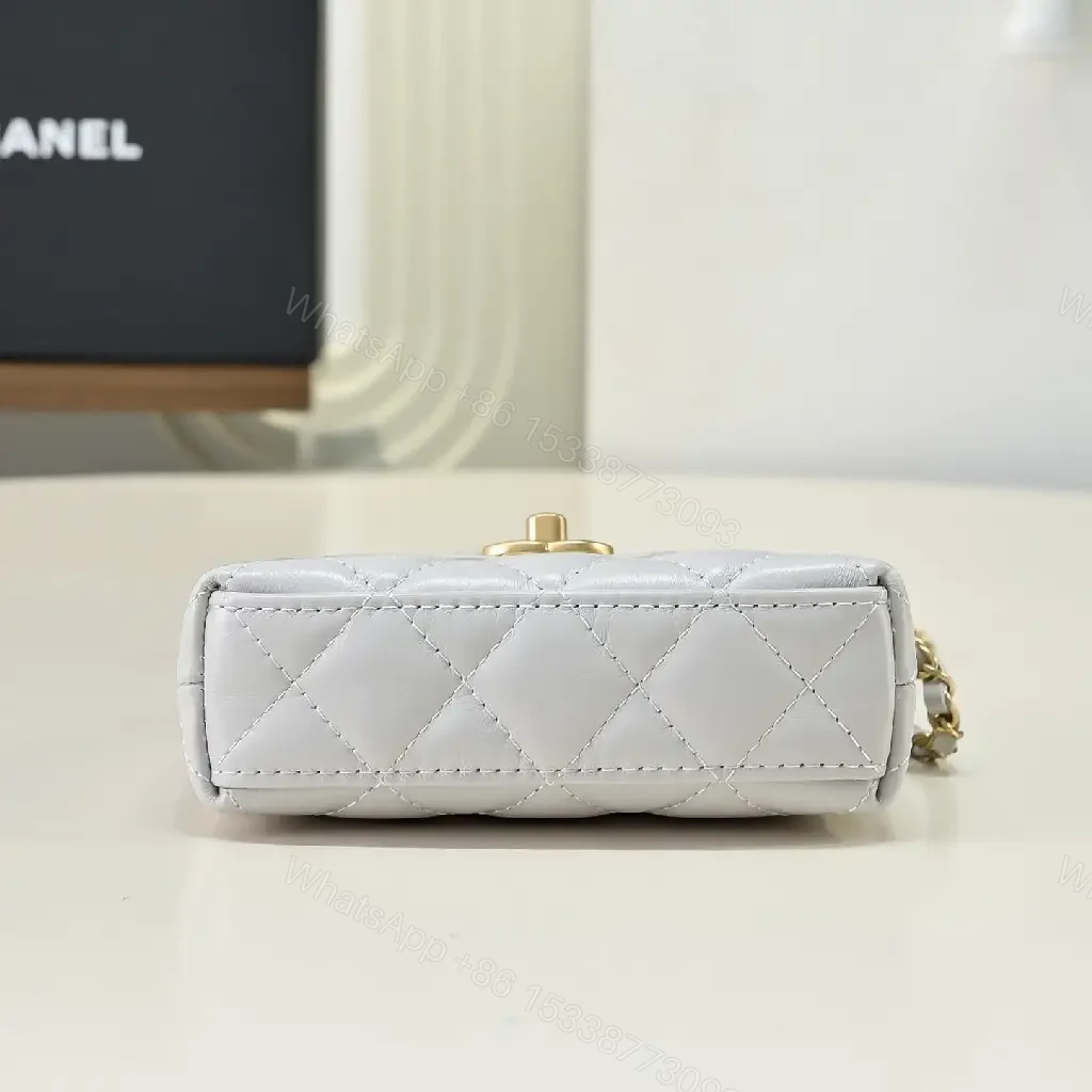 View 3 of Quilted Gray Luxe Mini Flap Bag - Gold Hardware