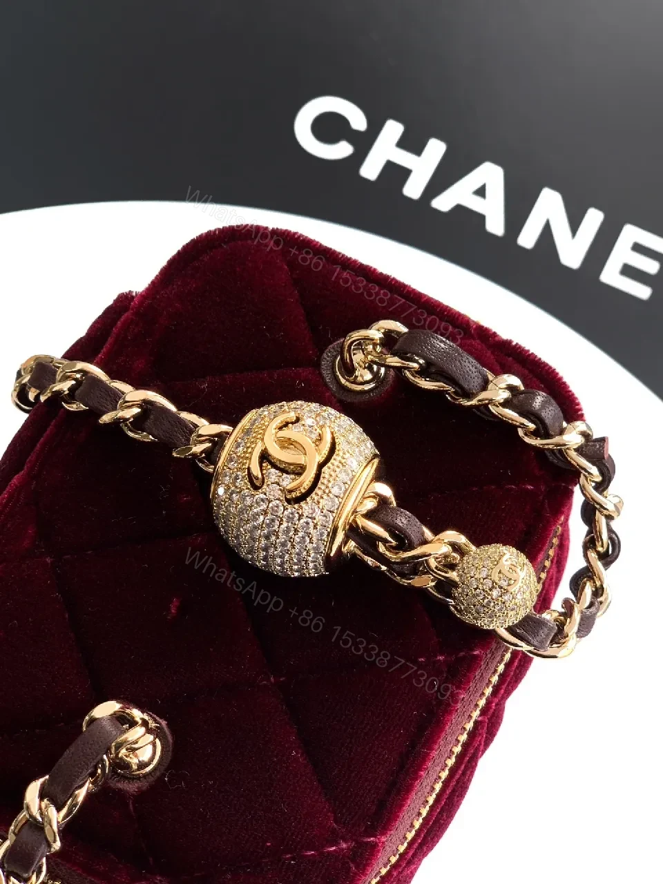 View 5 of Burgundy Velvet Chain Bag with Gold Accents, Compact Luxury