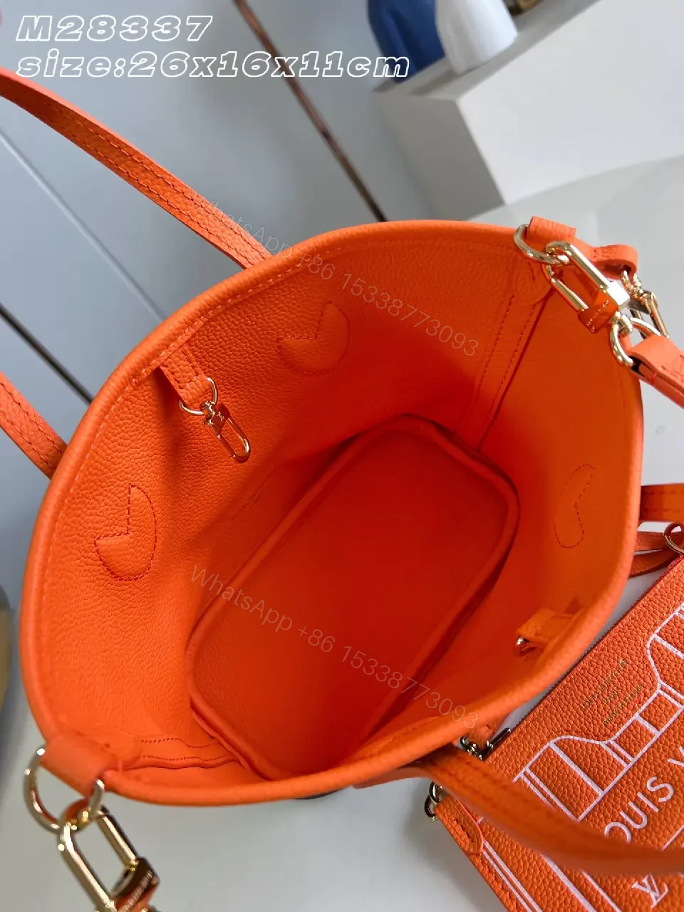 View 4 of Bright Orange Leather Trim Monogram Handbag with Detachable Strap