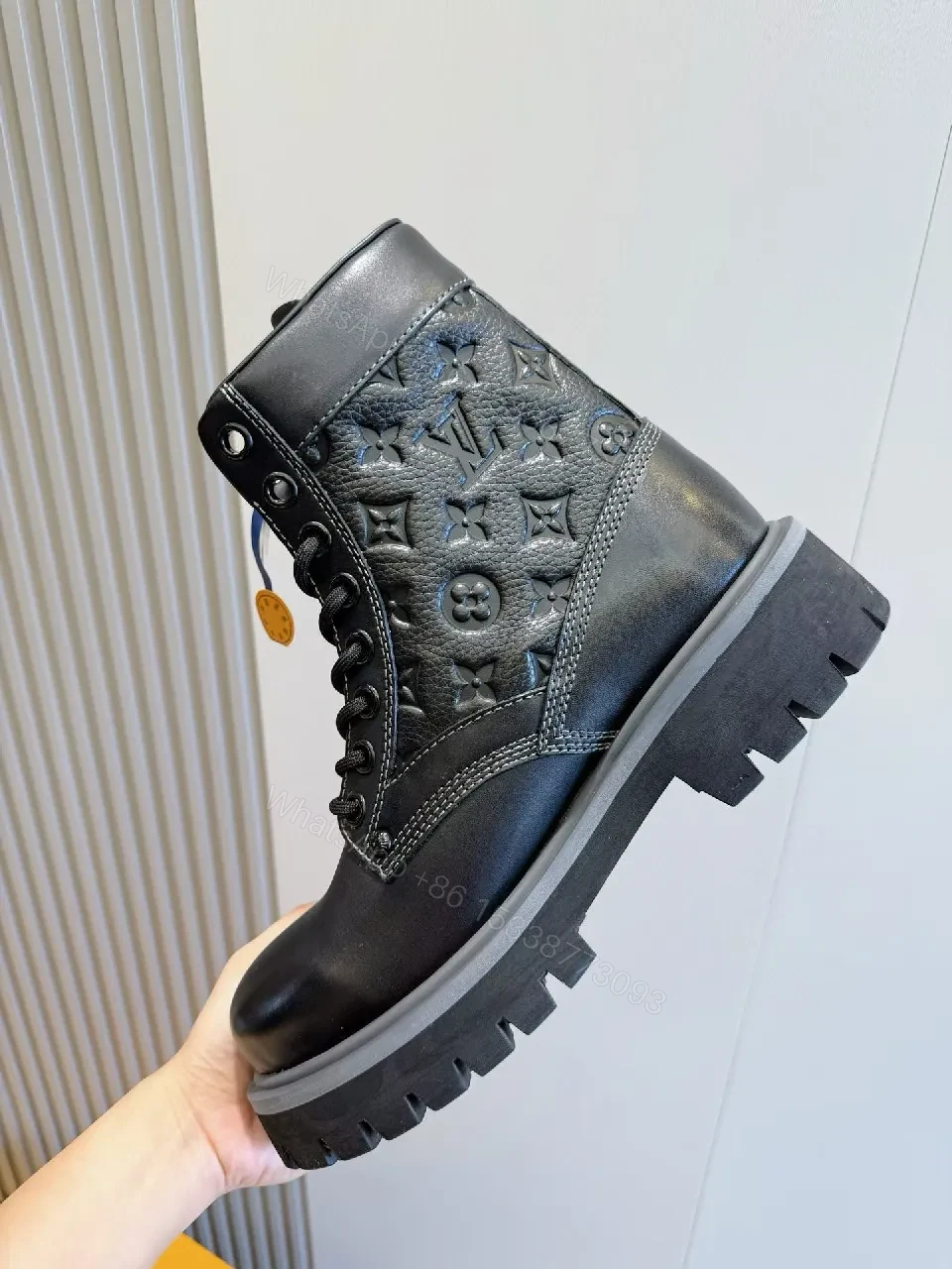 View 9 of Bold Textured Leather Combat Boots with Luxe Detailing