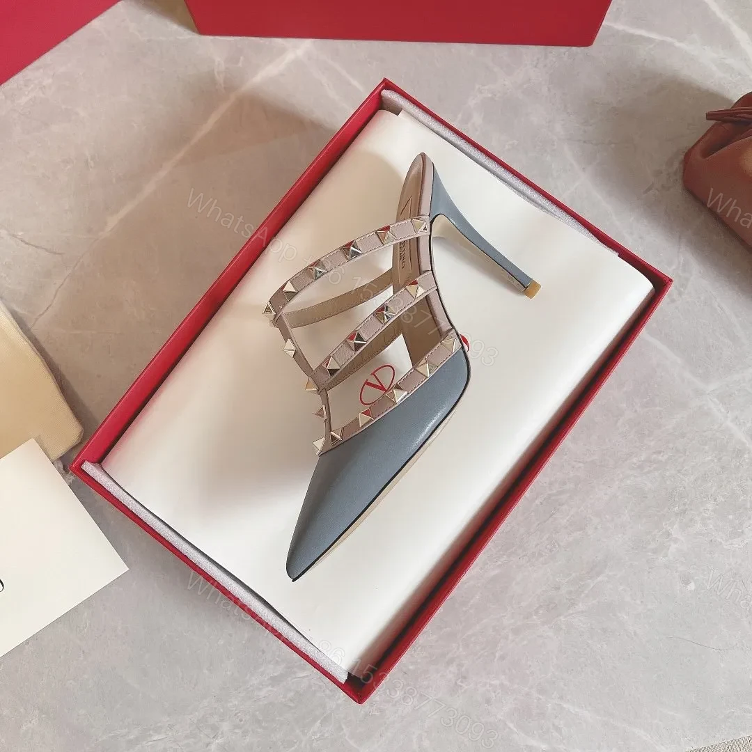 View 4 of Valentino Women Blue Leather Studded Mules