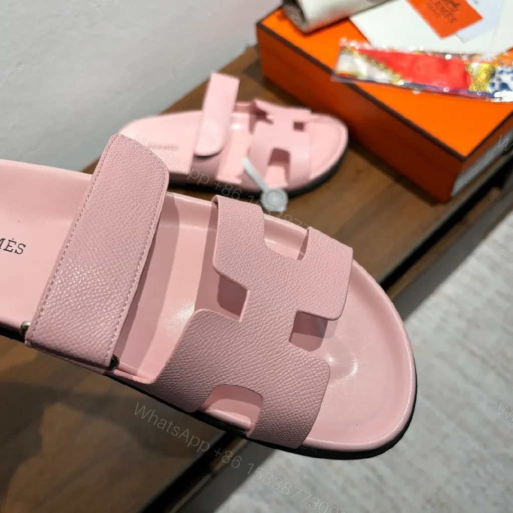 View 3 of Pink Leather Slides with Signature Hardware Luxury Comfort