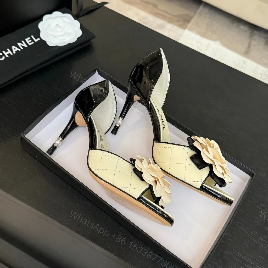 View 7 of Cream Quilted Leather Heels with Flower Accent, Open-Toe, Kitten Heel