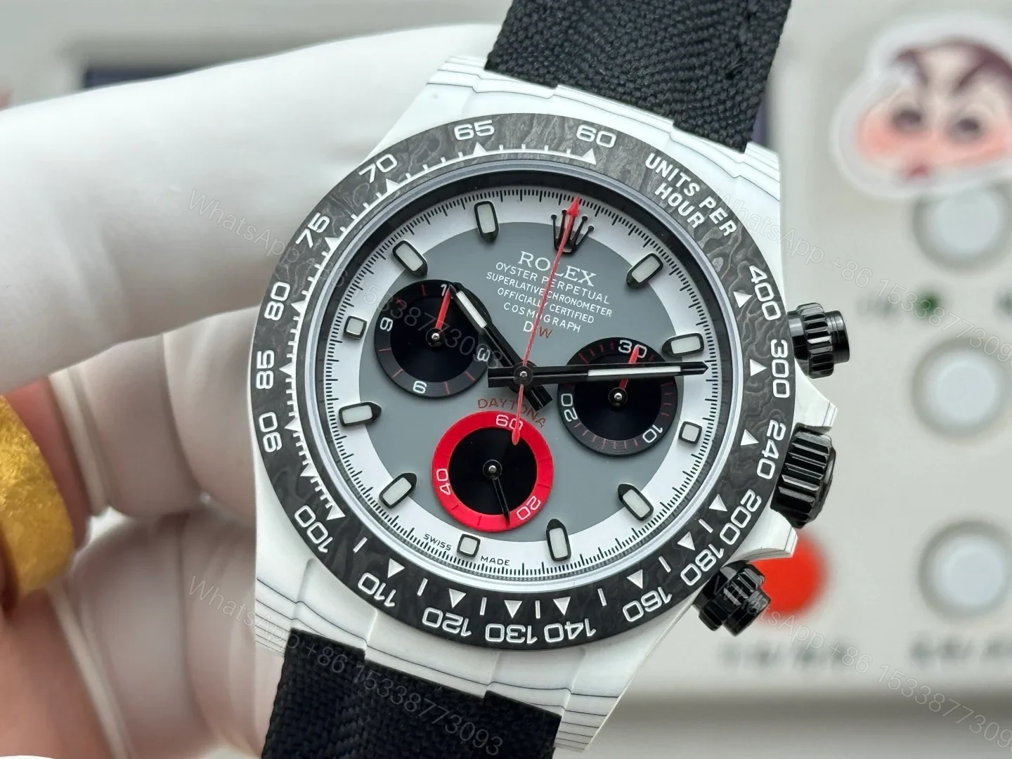 View 5 of Rolex Daytona Carbon Fiber Replica 40MM Premium Black Fabric Strap Custom Edition RG-ROLEX-DAYTONA-BLACK-FIBER