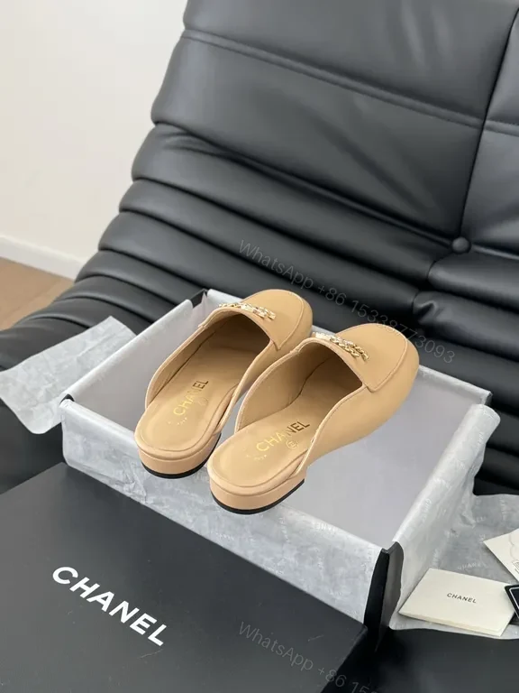 View 5 of Tan Leather Chanel-Style Mules: Signature Hardware, All-Day Comfort