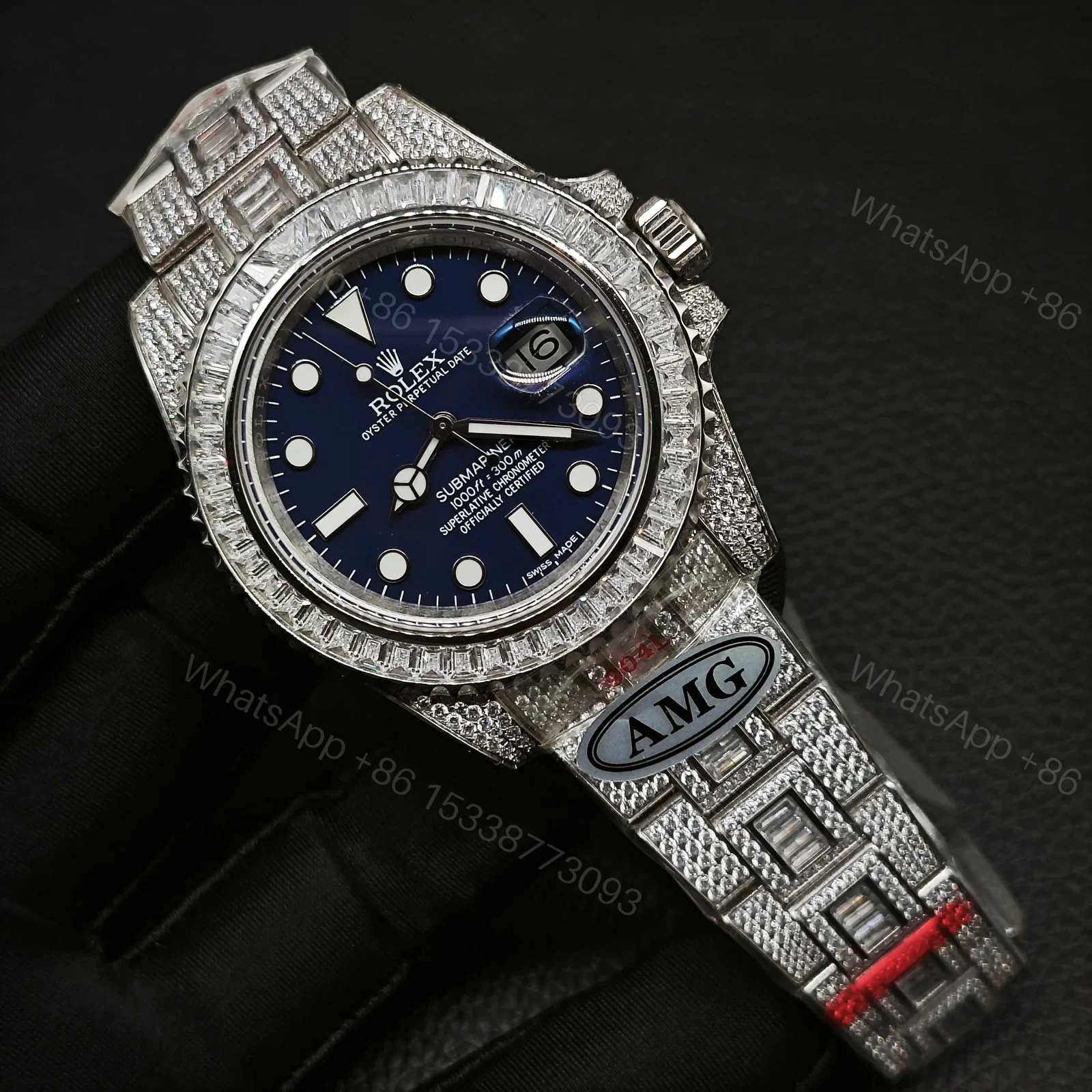 View 3 of Rolex Submariner Blue Dial Diamond Replica 40MM Exclusive Full Pavé Oyster Bracelet RG-ROLEX-SUB-BLUE-PAVE-40
