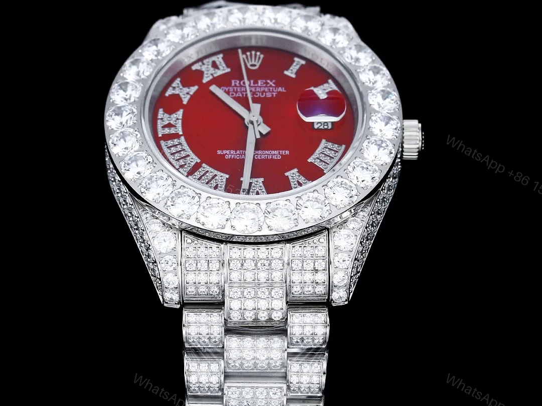 View 3 of Rolex Datejust Red Diamond Replica 42MM Premium Iced Steel Bracelet Red Dial Edition RG-ROLEX-DJ-RED-DIA-ICED-STL-42