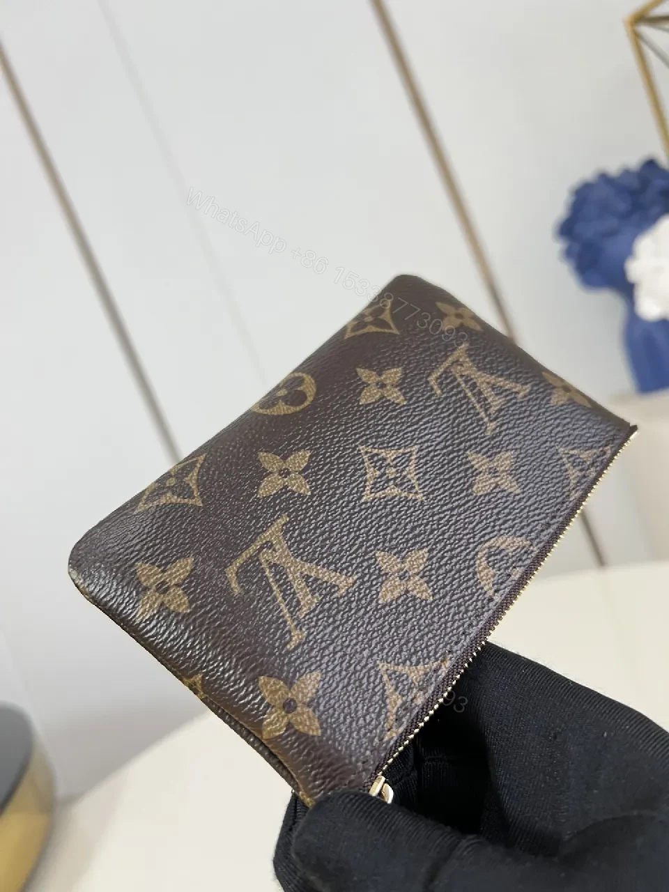 View 3 of Brown Monogram Luxe Compact Wallet with Gold Zipper