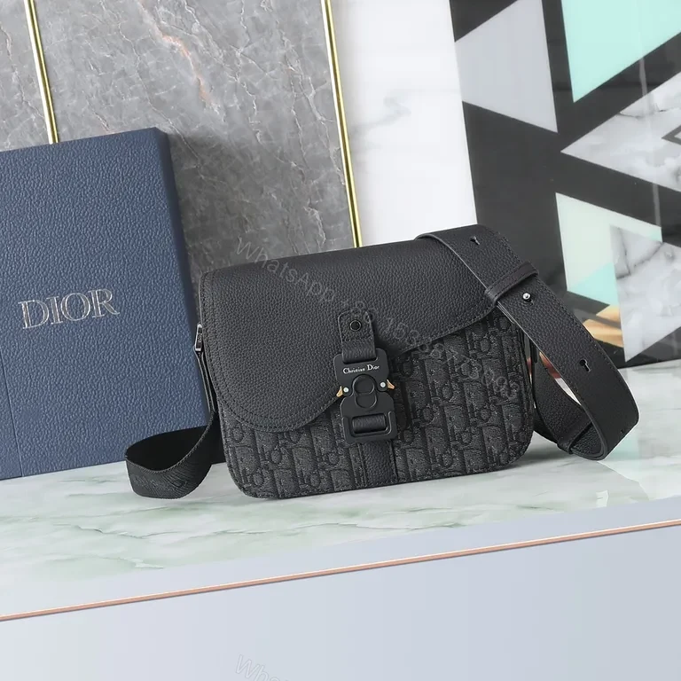 Charcoal Leather-Accent Dior-Style Crossbody Bag with Buckle Closure — view 1