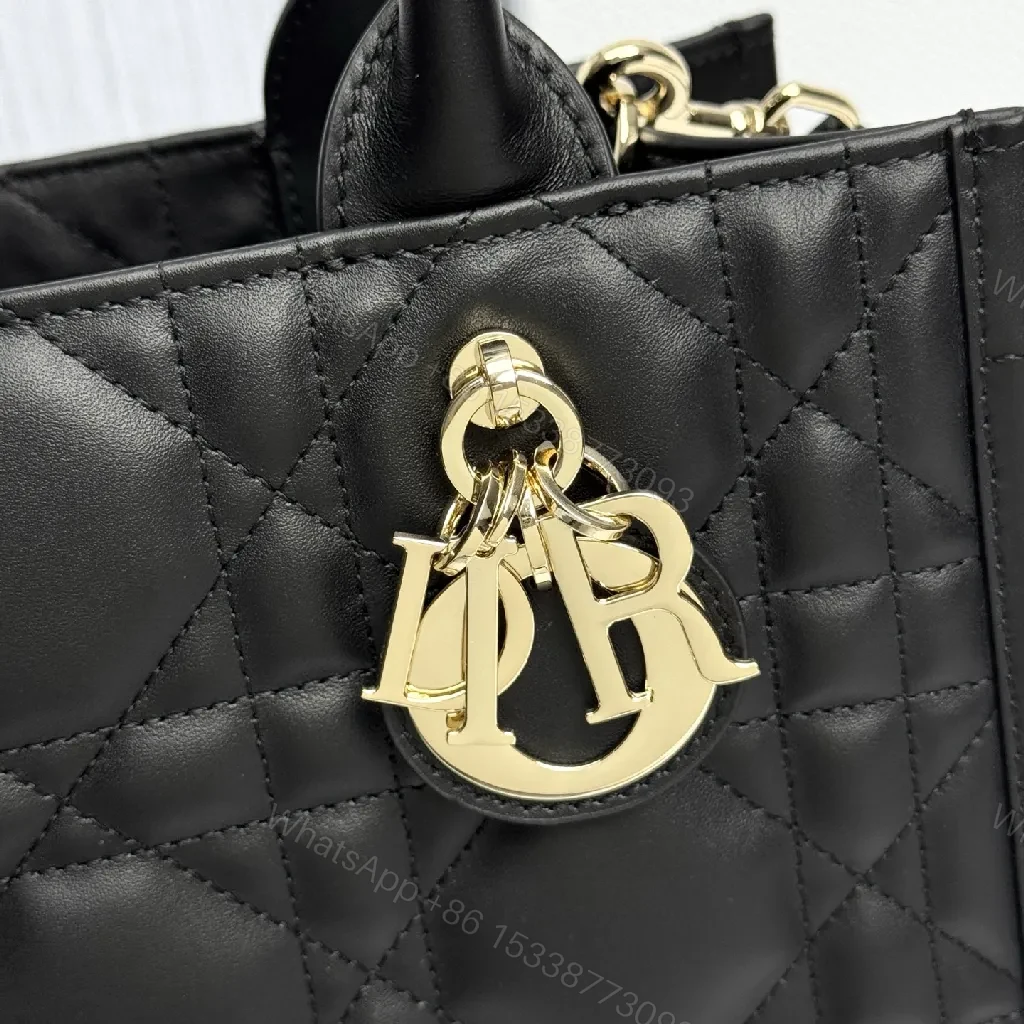 View 2 of Black Quilted Mini Tote - Leather, Gold Charm, Structured, Compact Carryall