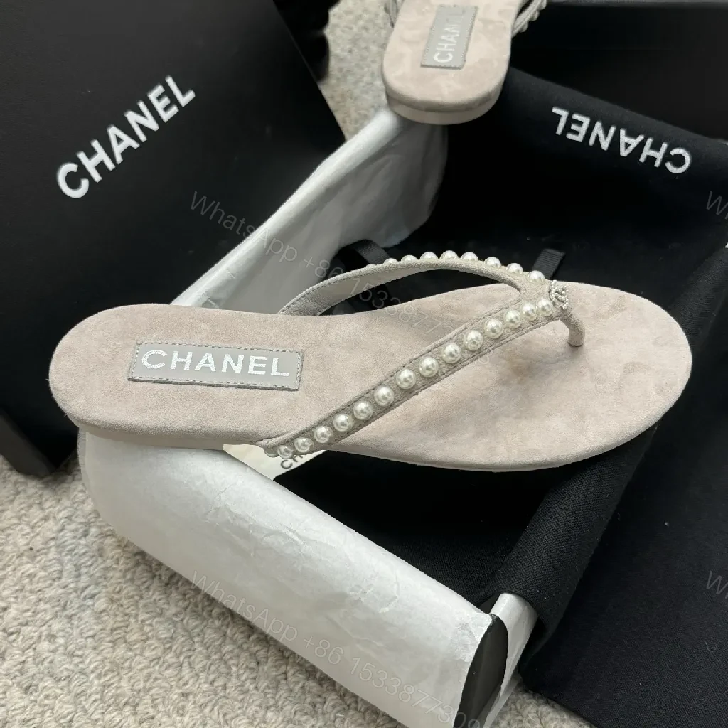 View 5 of Pearl-Embellished Suede-Texture Flip-Flops: Luxe Charm Sandals