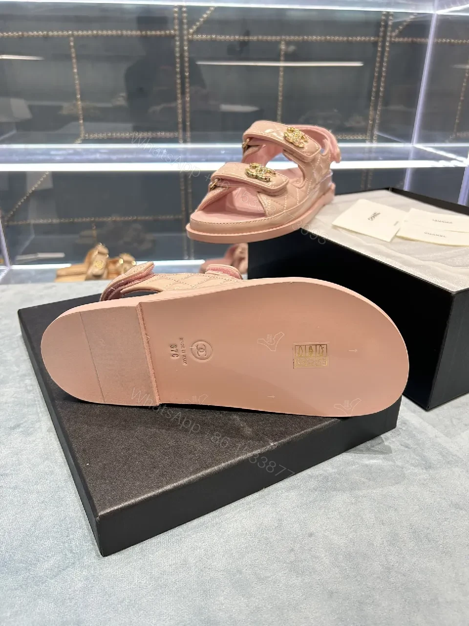 View 5 of Soft Pink Quilted Sandals with Gold Emblem Embellishment
