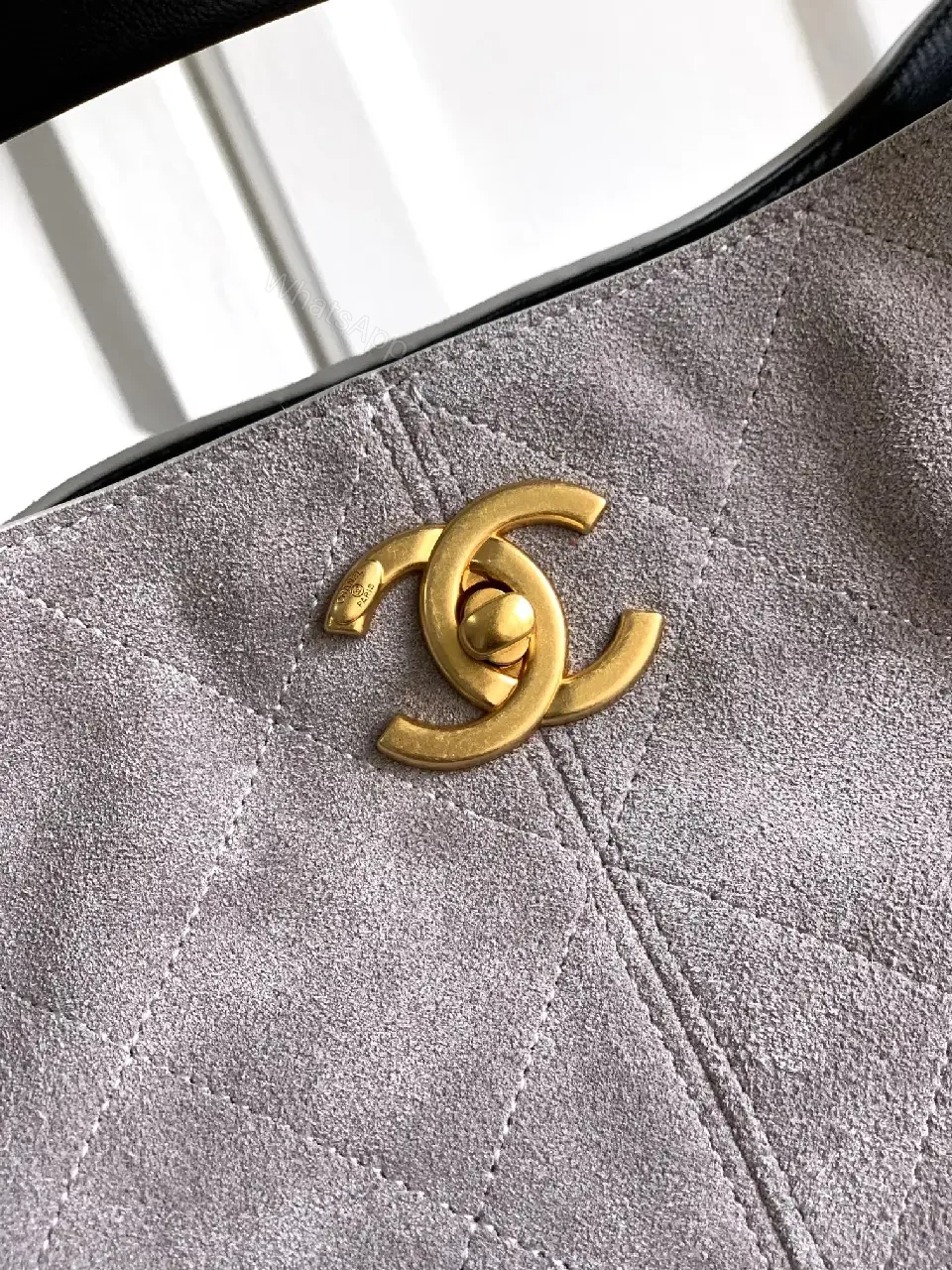 View 10 of Two-Tone Taupe/Black Quilted Tote with Gold Chain Strap
