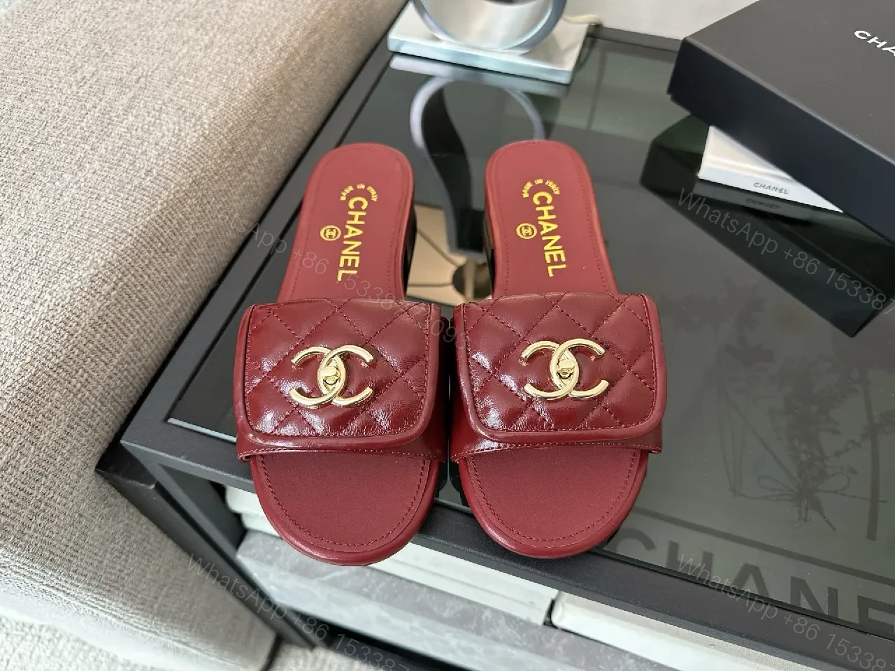 View 3 of Red Quilted Slip-On Sandals – Gold Hardware Luxury Slides