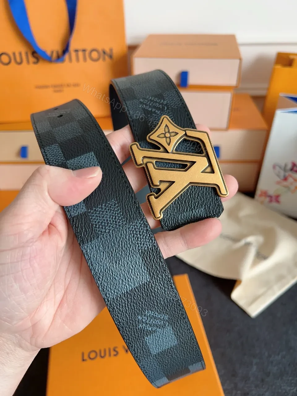 View 2 of Damier-Check Textured Belt with Bold LV Buckle