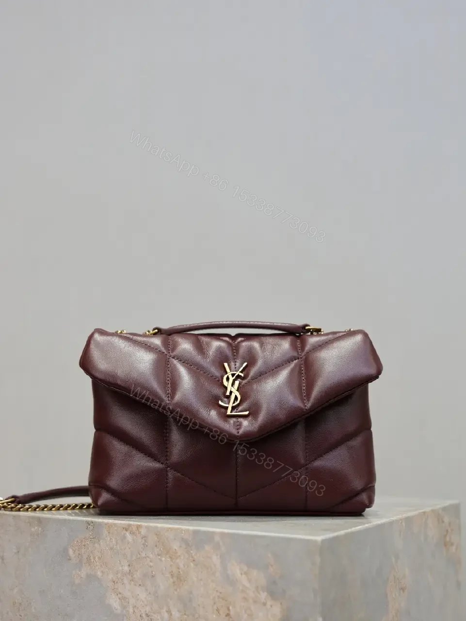 Quilted Burgundy Leather Shoulder Bag with Gold Hardware — view 1