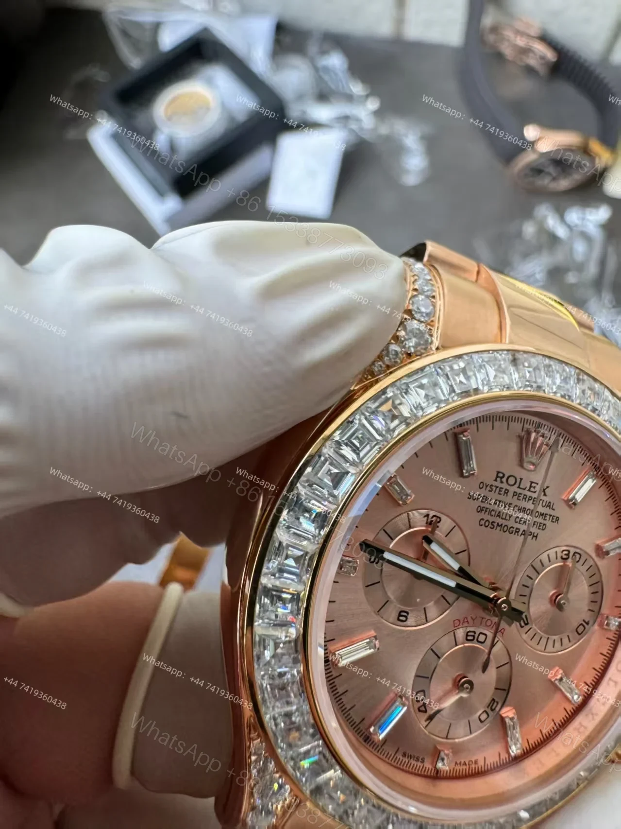 View 9 of Rolex Super Clone Daytona 126595TBR 1:1 Replica Watch – 18K Rose Gold Diamond Beze 4131 movement