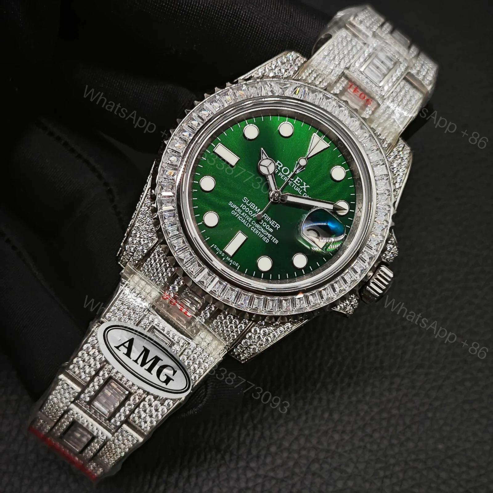 View 2 of Rolex Submariner Green Dial Diamond Replica 40MM Exclusive Full Pavé Steel Bracelet RG-ROLEX-SUB-GREEN-PAVE-40