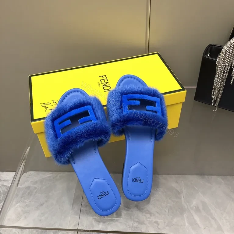 View 4 of Blue Fur-Trim Slip-On Sandals with Fendi-Inspired Hardware