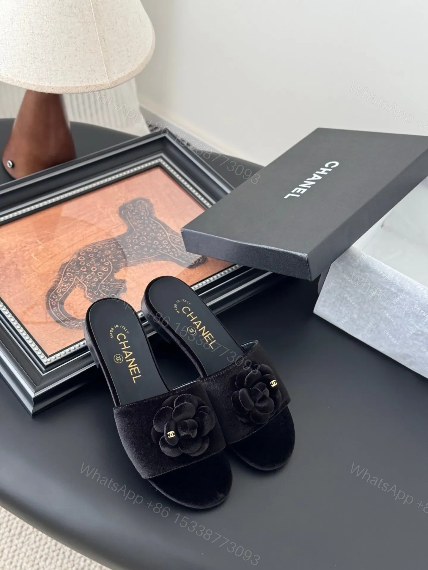 View 6 of Chanel Women Black Velvet Flower Embellished Slides