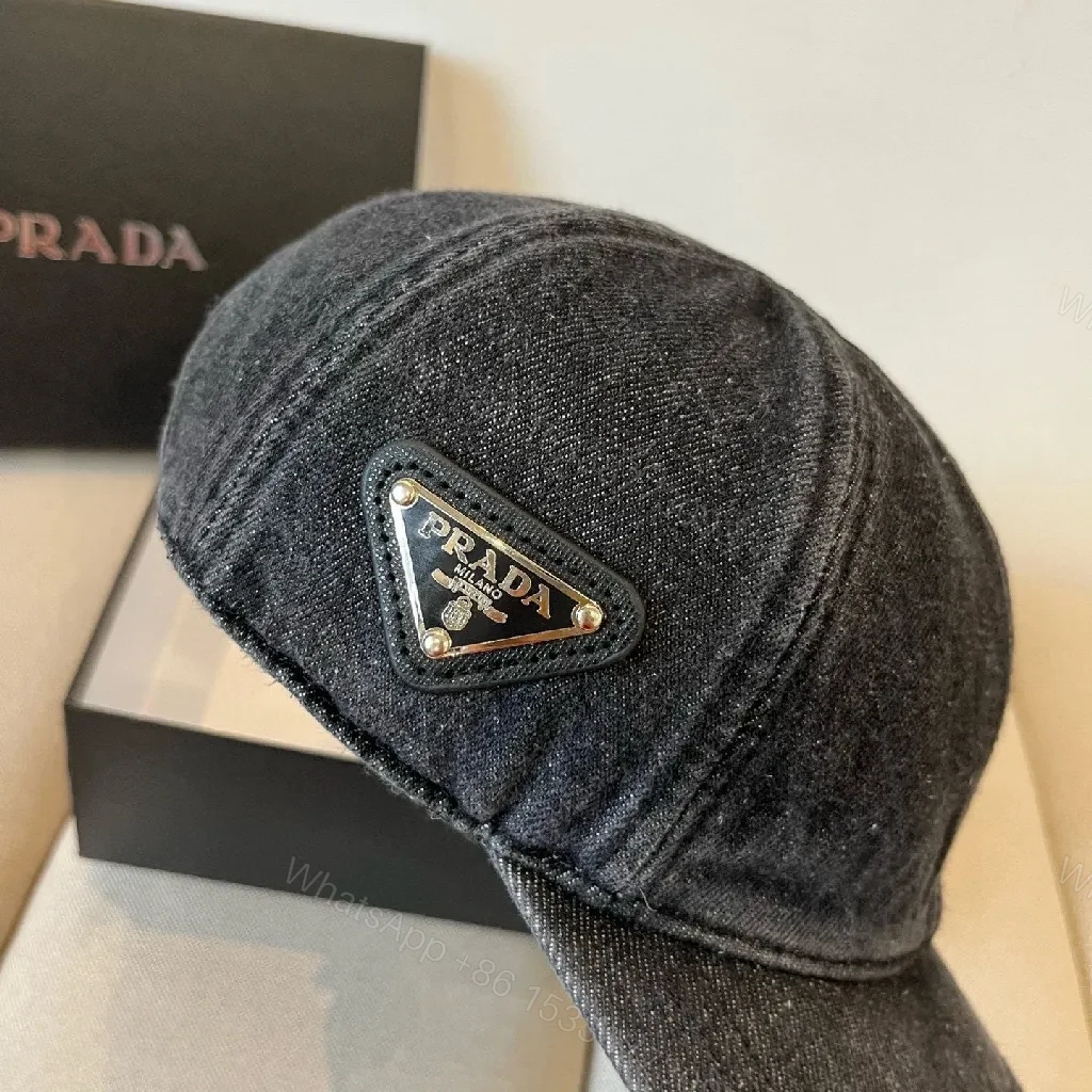 View 5 of Denim-Texture Cap with Subtle Prada Emblem, Casual Luxe Cap
