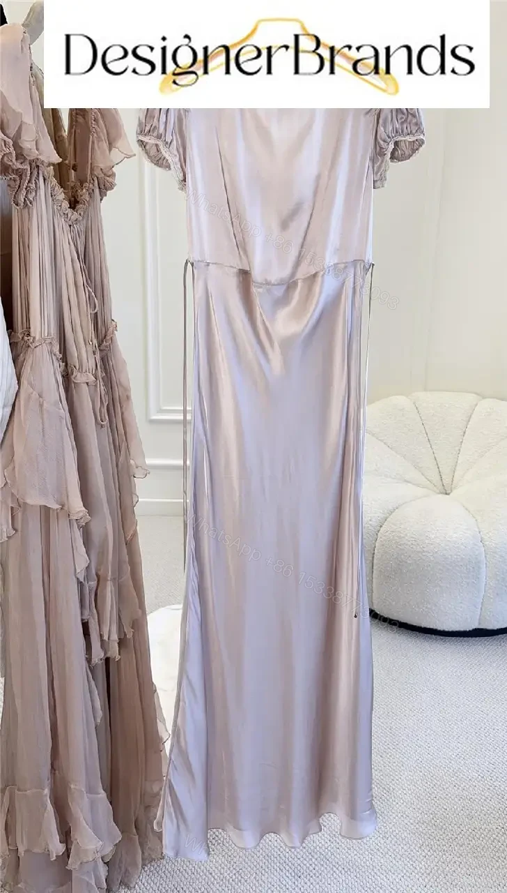 View 3 of Chloe Pale Pink Silk Satin Maxi Dress with Lace Trim