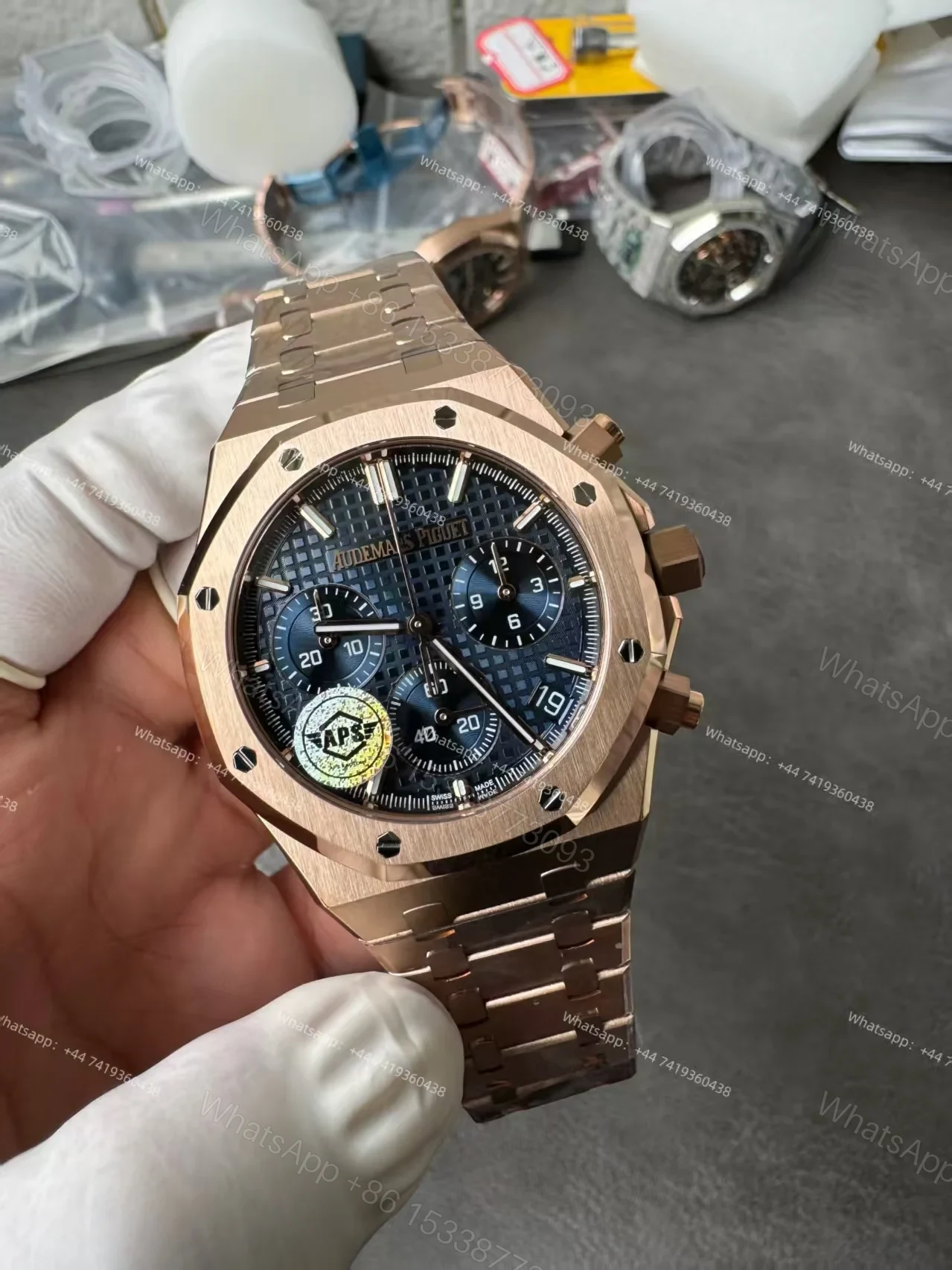 View 4 of Audemars Piguet Super Clone Royal Oak Rose Gold Blue Dial 26240 Chronograph 41mm Cal.4401