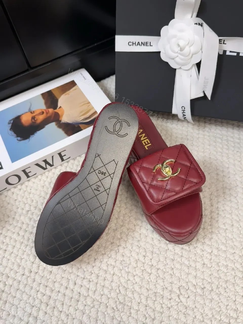 View 6 of Burgundy Quilted Slides with Gold Hardware, Luxury Comfort