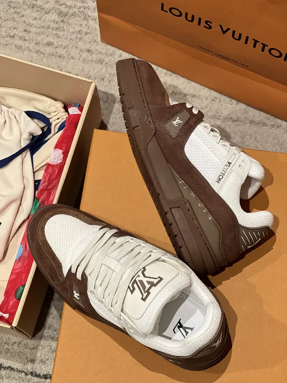 View 3 of Bold Contrast High-Top Sneakers in White & Chocolate Suede