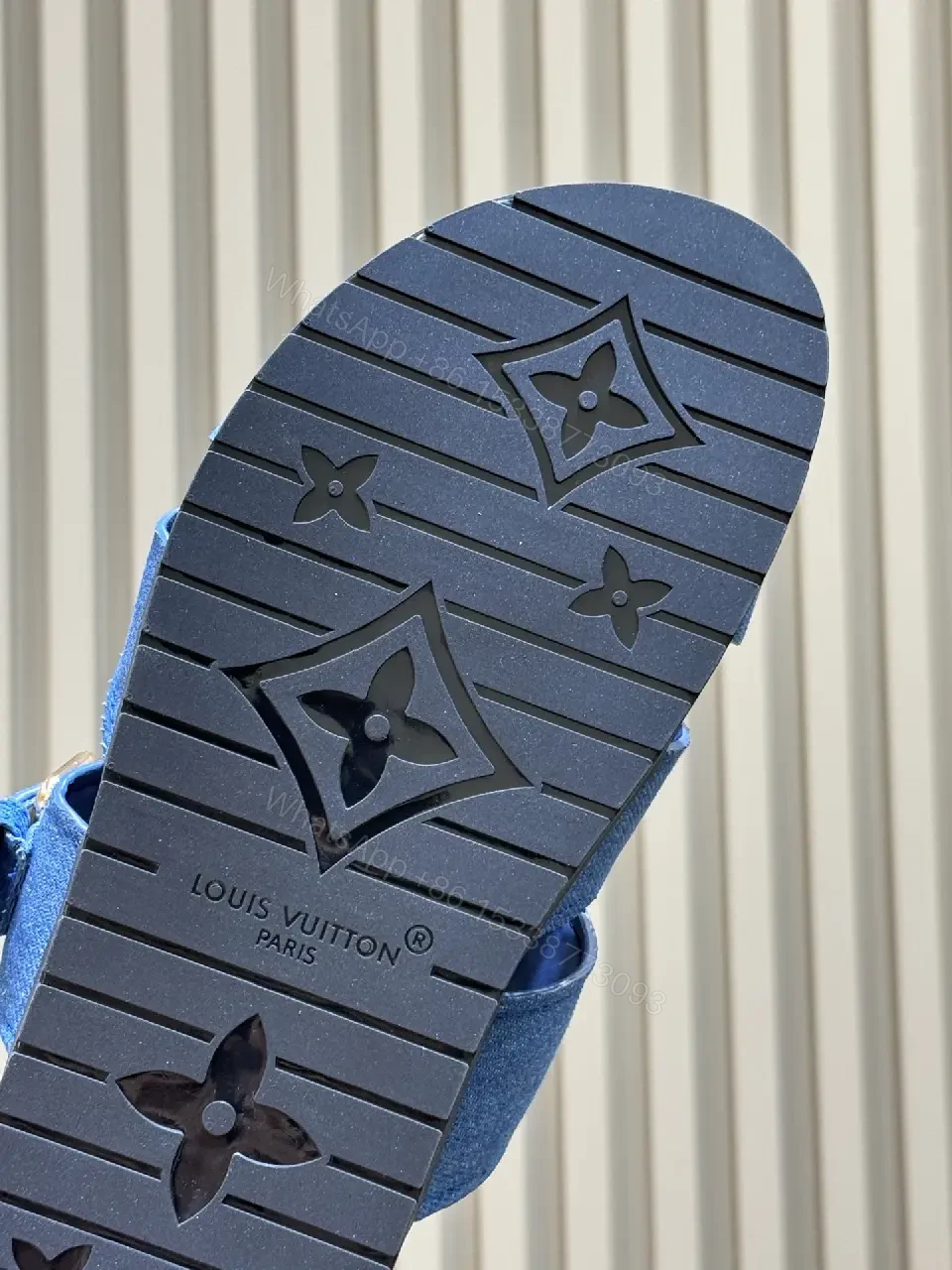 View 4 of Blue Denim Luxury Sandals, Louis Vuitton Style, Open Toe Slides