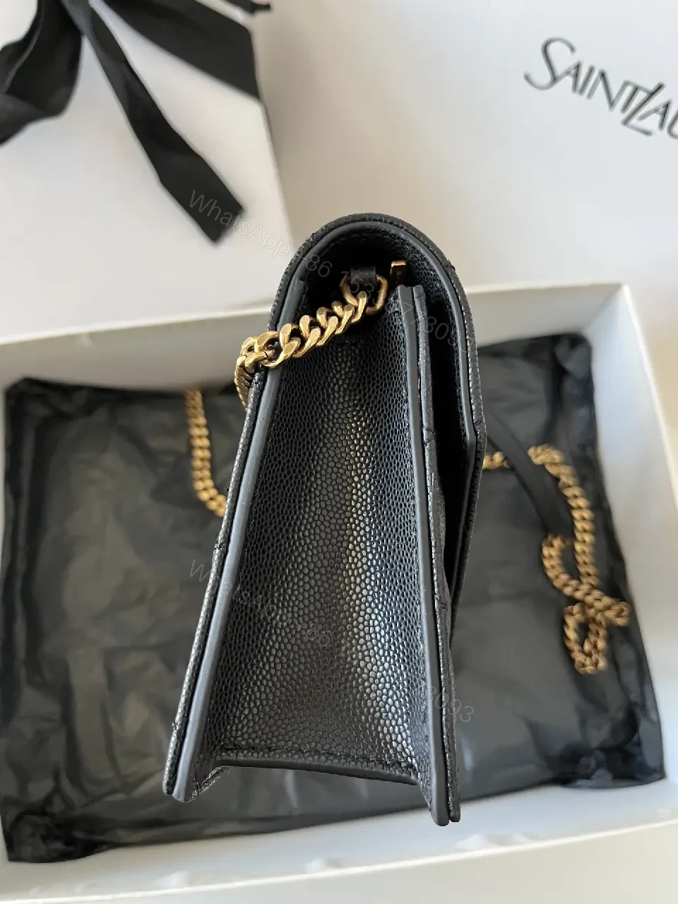 View 4 of Black Diamond Quilted Leather Flap Crossbody Bag with YSL Monogram Clasp