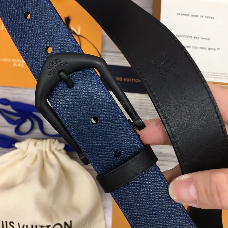 View 9 of Blue Textured Leather Belt â€“ Louis Vuitton Style, 40mm, Gold-Standard Quality