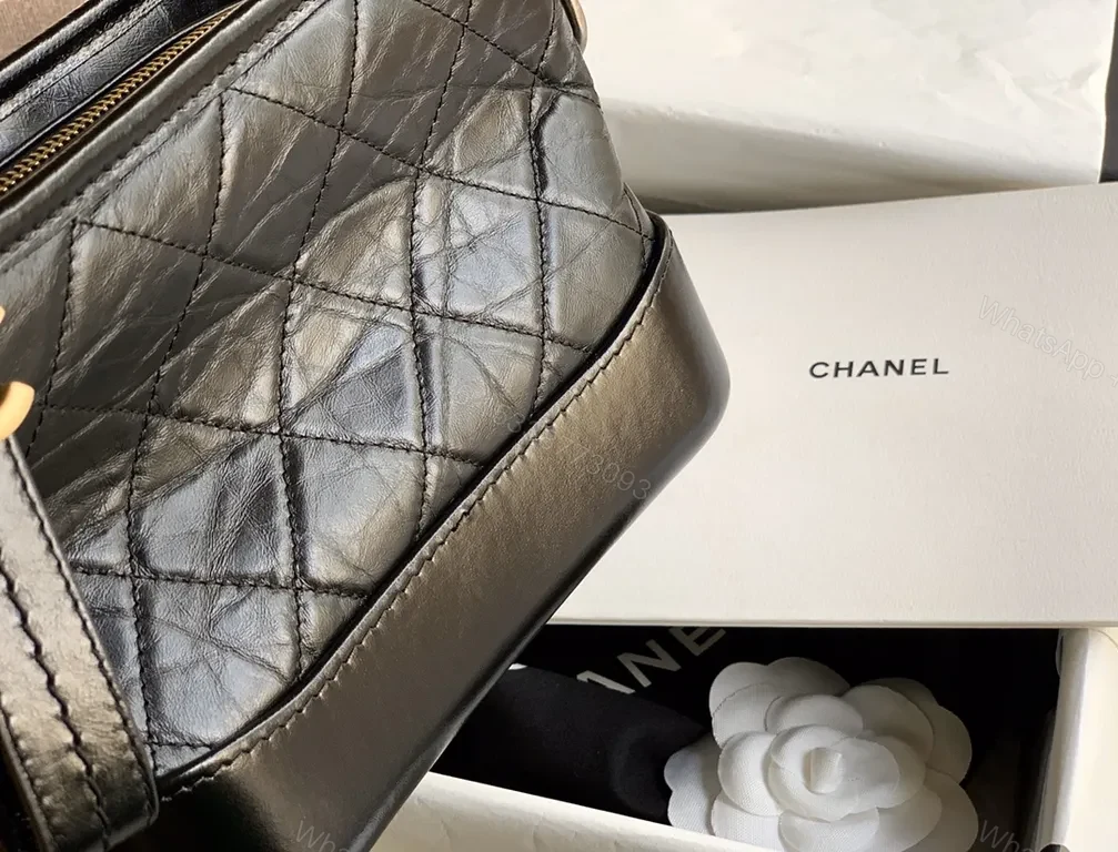 View 7 of Chanel-Style Quilted Crossbody: Black Leather, Gold Charm
