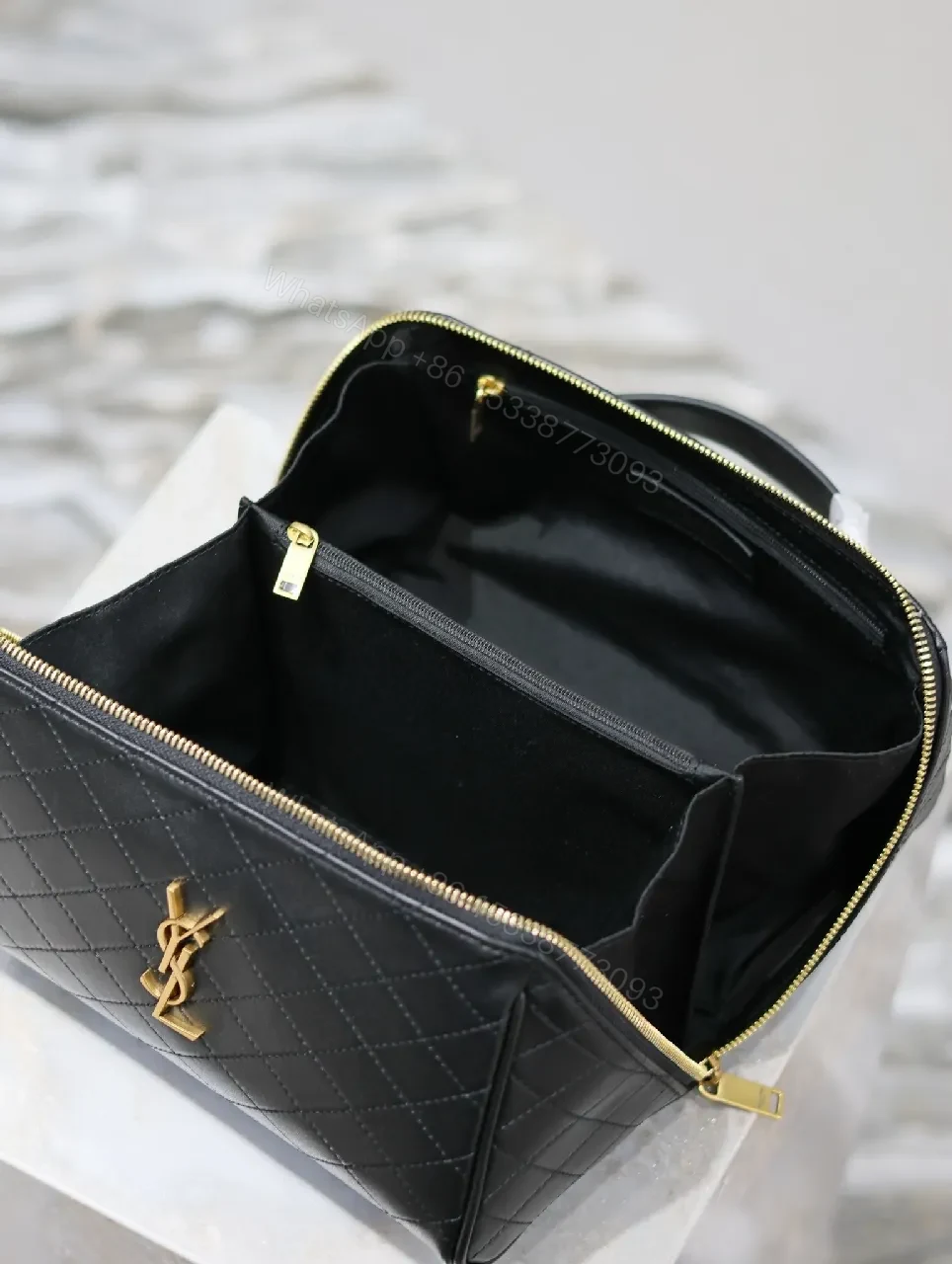 View 5 of Compact Black Quilted Leather Vanity Bag with Gold Monogram