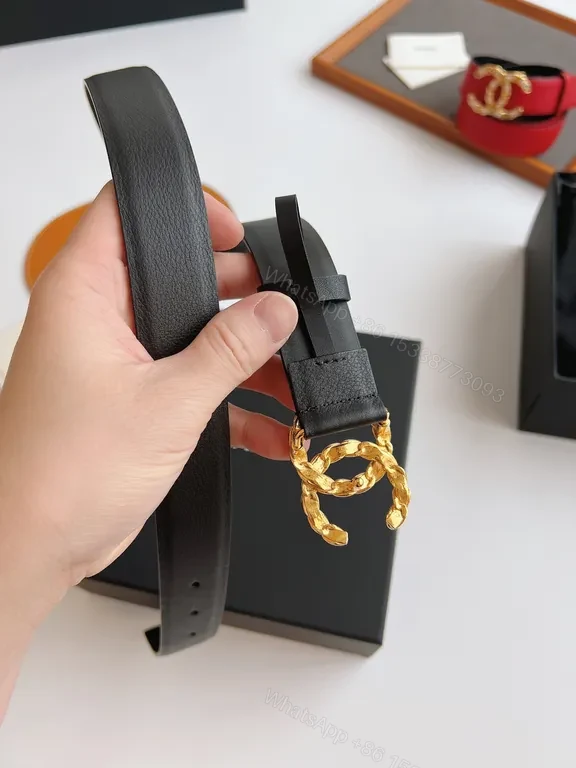 View 7 of Chanel-Style Leather Belt with Gold Logo Clasp